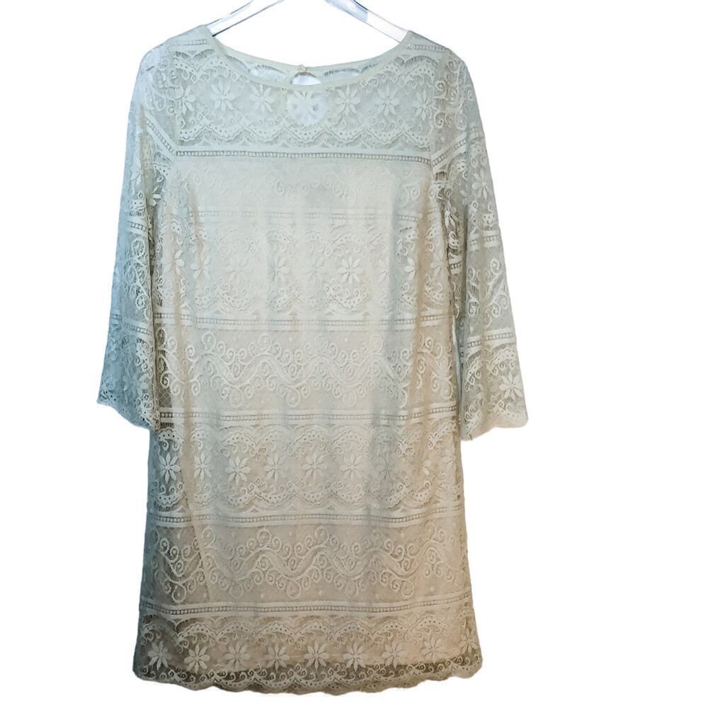 Chelsea & Violet Round Neck Lace Cream Romantic Feminine Shift Dress Size L